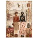 Vintage-style illustrated artwork showing two women standing with their backs to the viewer, holding hands near stacked suitcases, with a London street scene, red double-decker bus, bird, stamps, and postmark elements in the background.