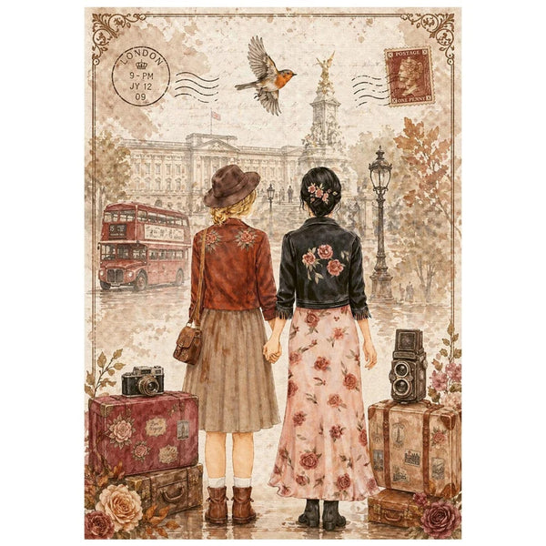 Vintage-style illustrated artwork showing two women standing with their backs to the viewer, holding hands near stacked suitcases, with a London street scene, red double-decker bus, bird, stamps, and postmark elements in the background.