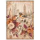 Vintage-style floral art print featuring a small bird perched among roses and leaves, with a London skyline and postmark in the background.