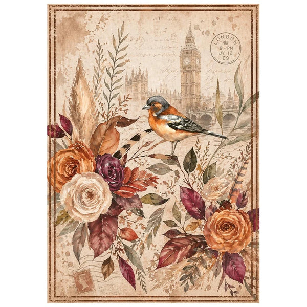 Vintage-style floral art print featuring a small bird perched among roses and leaves, with a London skyline and postmark in the background.