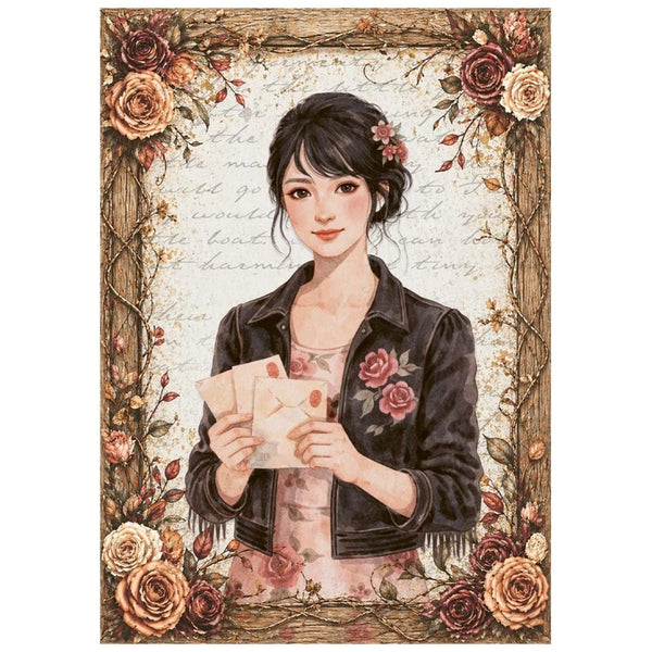 Vintage-style illustration of a young woman with dark hair holding two envelopes, framed by a floral border with roses and vines on a parchment-like background.
