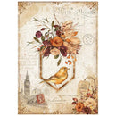 Vintage-style decorative print featuring a yellow bird framed by a floral arrangement with roses, leaves, and autumn-toned botanicals on an aged cream background with London-themed script and postmark elements.