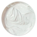 Clear glass paperweight with embossed design on a white background
