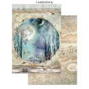 Two square cardstock sheets with a whimsical, textured collage design. The left sheet features a central circular illustration of a moonlit forest with bare trees, a full moon, and a blue sky, framed by distressed beige borders.