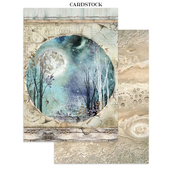 Two square cardstock sheets with a whimsical, textured collage design. The left sheet features a central circular illustration of a moonlit forest with bare trees, a full moon, and a blue sky, framed by distressed beige borders.