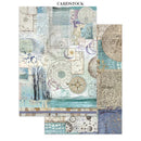 A sheet of cardstock featuring a collage of vintage-style celestial and nautical motifs, including compass roses, moon phases, handwritten script, and textured paper in soft blue, beige, and gray tones. A second overlapping sheet is shown to the right, and the word 'CARDSTOCK' appears at the top on a white background.