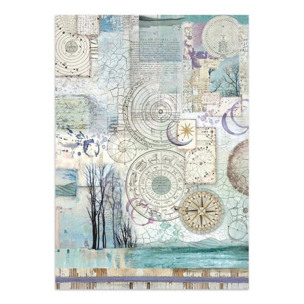 A square mixed-media collage art print featuring celestial designs, zodiac signs, compass roses, handwritten notes, and tree silhouettes in soft pastel tones of blue, beige, and purple.