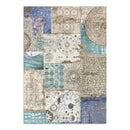 A rectangular art print or poster featuring a patchwork collage of vintage celestial illustrations, handwritten script, moon phase charts, and geometric designs in muted blue, beige, gray, and teal tones.