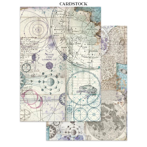 Two sheets of cardstock featuring a vintage celestial and mathematical pattern with diagrams, handwritten notes, and abstract watercolor details in muted blue, purple, beige, and gray tones.