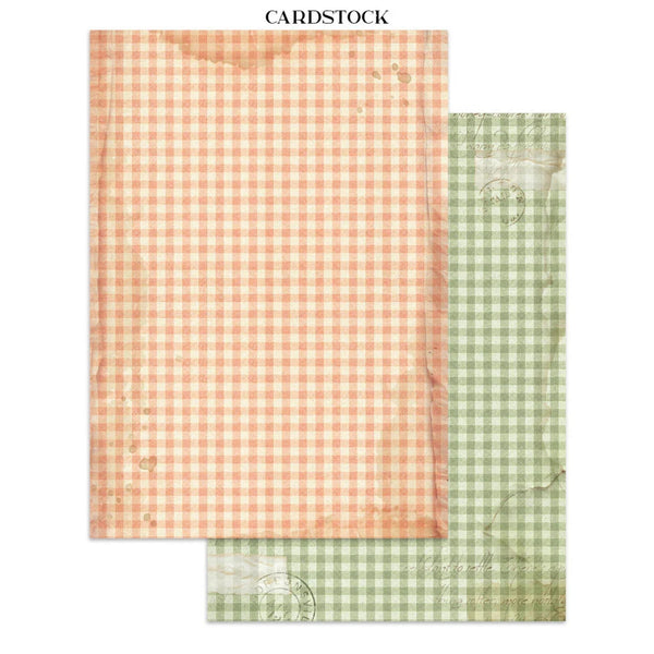 Two vintage-style cardstock sheets with gingham patterns, one in peach-orange and one in sage green, displayed on a white background with the text 'CARDSTOCK' at the top.