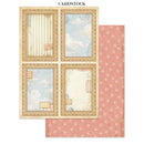 A sheet of cardstock paper featuring a vintage collage design with four framed panels in cream, blue, and pink tones, layered over a coordinating pink patterned backing sheet. The text 'CARDSTOCK' appears at the top.
