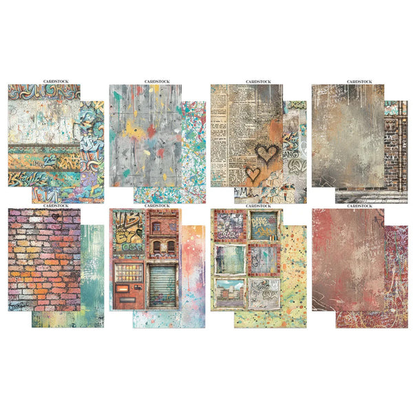 A collage of multiple textured scrapbook paper designs labeled with the brand name 'CALICOSTOCK' at the top of each sheet. The designs feature vintage patterns including brick walls, graffiti, window frames, newspaper clippings, and abstract splatters in muted earthy tones of beige, brown, red, green, and blue.