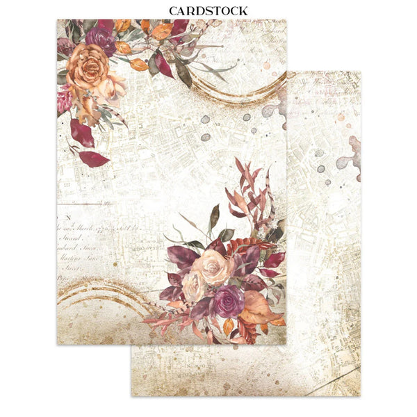 Two overlapping cardstock sheets with a vintage floral design. The background is a distressed cream color with faint script and map-like textures, decorated with watercolor-style roses and leaves in muted orange, burgundy, and mauve tones.