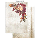 Vintage-style cardstock paper sheet with a floral bouquet illustration in burgundy, peach, and orange tones over an aged beige newspaper and postage stamp background. A second overlapping sheet is visible behind it, and the word CARDSTOCK appears at the top.
