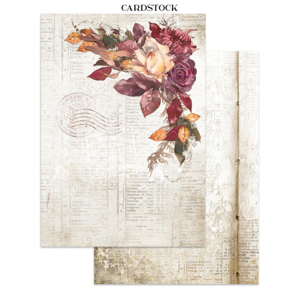 Vintage-style cardstock paper sheet with a floral bouquet illustration in burgundy, peach, and orange tones over an aged beige newspaper and postage stamp background. A second overlapping sheet is visible behind it, and the word CARDSTOCK appears at the top.