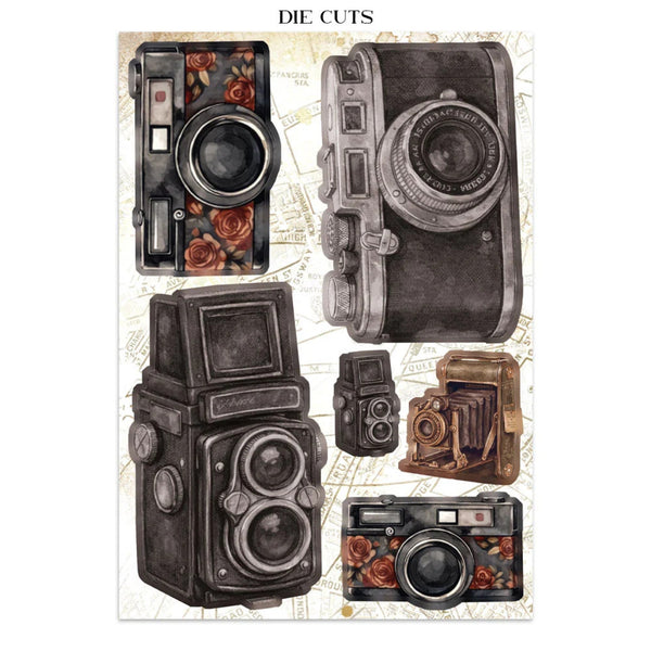 A sheet of die-cut stickers featuring vintage camera illustrations, including black-and-white and sepia models with floral rose accents, on a light background with the text 'DIE CUTS' at the top.
