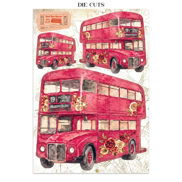 A sheet of die-cut decorative paper featuring three vintage red double-decker buses with floral illustrations on a cream map-patterned background. The sheet includes a small red bus ticket graphic in the top left and the text 'DIE CUTS' centered at the top.