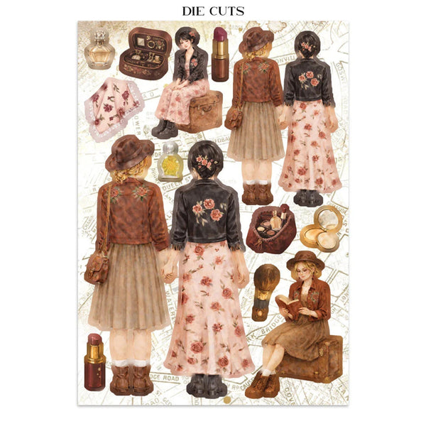 A sheet of vintage-style die-cut stickers featuring illustrated women in floral dresses, hats, boots, perfume bottles, lipstick cases, and small accessories, with the text 'DIE CUTS' at the top on a light patterned background.