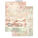 A set of three vintage-style scrapbooking paper sheets with a winter landscape design. The sheets feature a soft pink and beige color palette with musical notes, script handwriting, floral patterns, and a snowy mountain village scene.