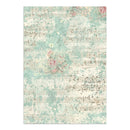 A rectangular art print or card featuring a vintage-style design with a distressed, grunge texture. The pattern combines a light mint green and cream background with faint musical staves, handwritten script, and soft pink floral accents.