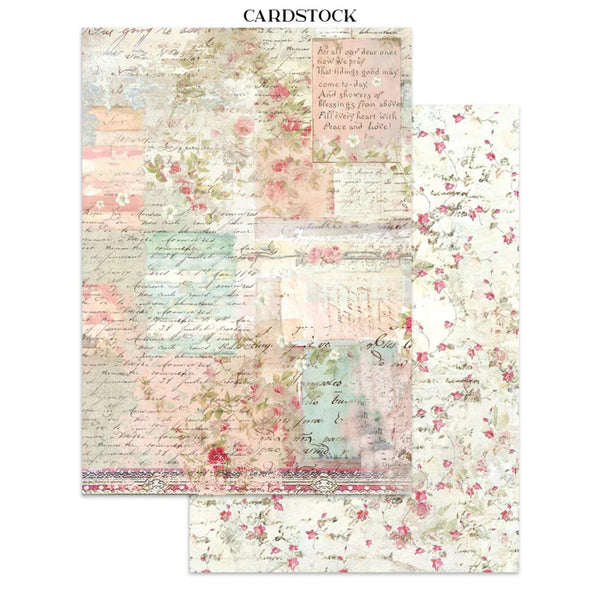 Two pieces of cardstock with floral and script designs on a white background.