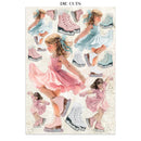 A sheet of die-cut paper featuring watercolor illustrations of young girls ice skating in pink and light blue dresses, with pink and blue roller skates, on a white background. The text 'DIE CUTS' is printed at the top.