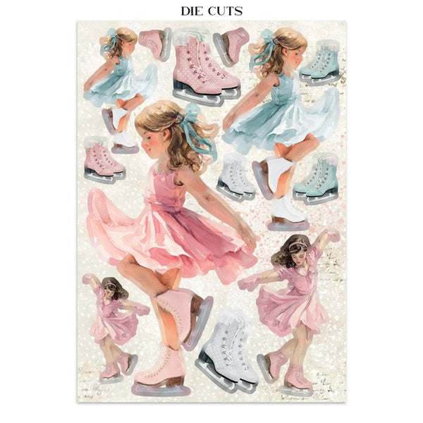 A sheet of die-cut paper featuring watercolor illustrations of young girls ice skating in pink and light blue dresses, with pink and blue roller skates, on a white background. The text 'DIE CUTS' is printed at the top.