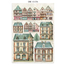Set of die-cut house shapes with vintage architectural styles on a white background.
