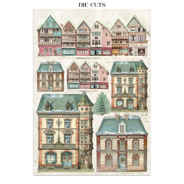 Set of die-cut house shapes with vintage architectural styles on a white background.