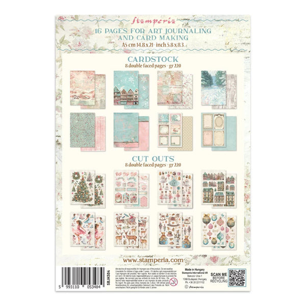 A sheet of craft paper from Stamperti featuring 16 pages for art journaling and card making, with various vintage-inspired cardstock patterns and cut-out embellishments on a cream background.