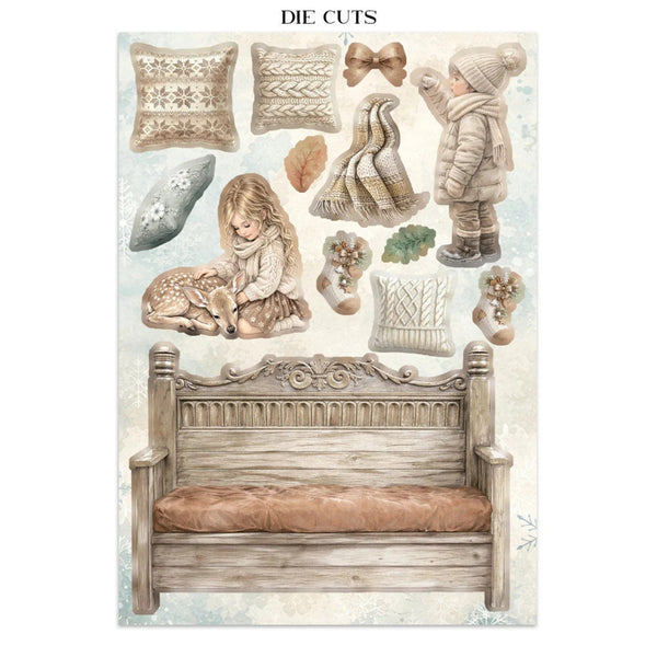 Set of die-cut decorative elements including a bench, child, deer, and winter accessories on a white background.