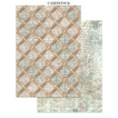 Two pieces of cardstock with lattice and vintage text design on a white background.