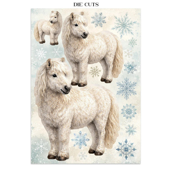 White horse die cuts with snowflakes on a light blue background