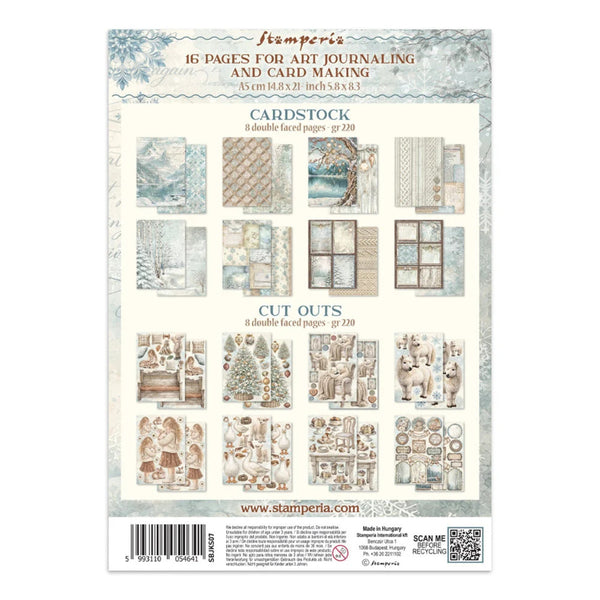 Stamperia cardstock and cutouts paper set packaging, featuring 16 pages for art journaling and card making with winter-themed designs, shown on a white background.