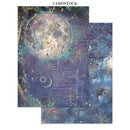 A sheet of cardstock paper featuring an intricate celestial and astrological design with a large moon, stars, geometric lines, and script text on a blue and purple background. A second overlapping sheet is visible behind it, and the word 'CARDSTOCK' appears at the top.