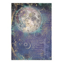 A square art print featuring a detailed celestial design with a large textured moon, a crescent moon, stars, geometric line patterns, and handwritten script on a blue and purple cosmic background with gold accents.