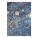 A rectangular art print featuring an abstract cosmic design with blue and teal tones, white starry speckles, celestial circles, and small gold glitter-like accents. The print is shown against a plain white background.