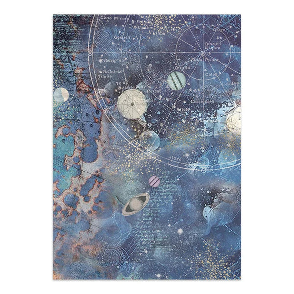 A rectangular art print featuring an abstract cosmic design with blue and teal tones, white starry speckles, celestial circles, and small gold glitter-like accents. The print is shown against a plain white background.