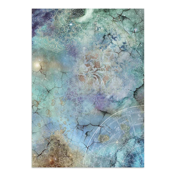 An abstract art print featuring a cosmic, galaxy-like design with teal, blue, purple, and gold marbled textures, intricate mandala patterns, and celestial zodiac wheel details.