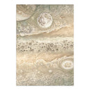 An abstract art print depicting a cosmic scene with swirling beige, cream, and gray textures resembling planetary clouds, with a prominent moon illustration near the top center.