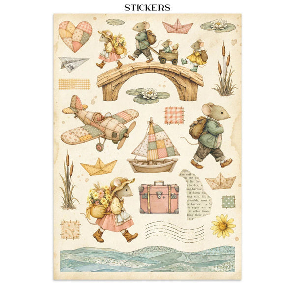 A sheet of vintage-style stickers featuring illustrated mouse characters, a small bridge, an airplane, a sailboat, paper boats, flowers, postmarks, and retro travel motifs on a cream background.