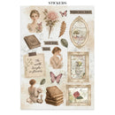 A sheet of decorative stickers with vintage-style illustrations, including roses, butterflies, framed artwork, leaves, books, and text phrases such as 'Follow your heart' and 'The earth laughs in flowers.'.