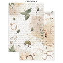 Two rectangular cardstock sheets with a vintage botanical pattern, featuring watercolor leaves, coffee rings, and cursive script on a cream background, labeled 'CARDSTOCK' at the top.