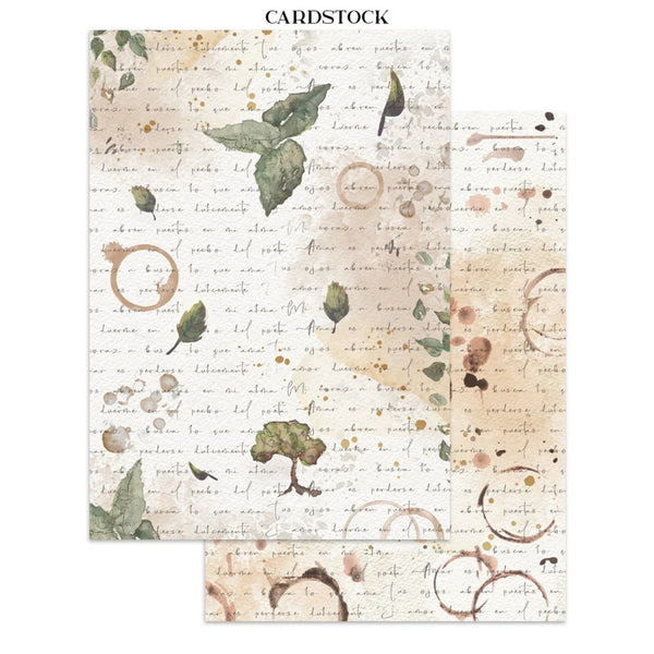 Two rectangular cardstock sheets with a vintage botanical pattern, featuring watercolor leaves, coffee rings, and cursive script on a cream background, labeled 'CARDSTOCK' at the top.