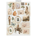 A sheet of decorative stickers with vintage-style illustrations, including leaves, envelopes, flowers, framed art, and small figures in sepia tones, shown on a white background with the word STICKERS above.