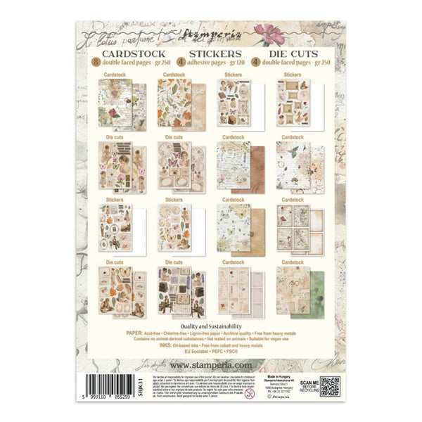 A packaged sheet of craft embellishments from Stamperia, featuring cardstock, stickers, and die cuts. The sheet displays multiple sample designs in a vintage, beige-toned aesthetic with floral and script details, complete with a barcode and product information at the bottom.