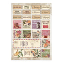 A square decorative wall art print featuring a collage of vintage postage-style stamps and postcard designs with inspirational travel and life quotes, floral illustrations, birds, and a distressed cream border.