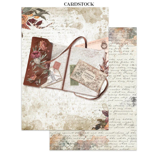A vintage-style cardstock paper set featuring an open book with floral-bound pages, a small floral notebook, and antique-style labels on a cream script background. The top of the image has the word 'CARDSTOCK' above the main collage.