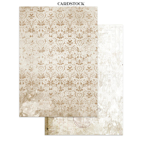 Two sheets of patterned cardstock with a vintage design, one featuring a brown damask pattern on a cream background and the other showing a lighter, more faded antique print, displayed on a white background with the text 'CARDSTOCK' at the top.