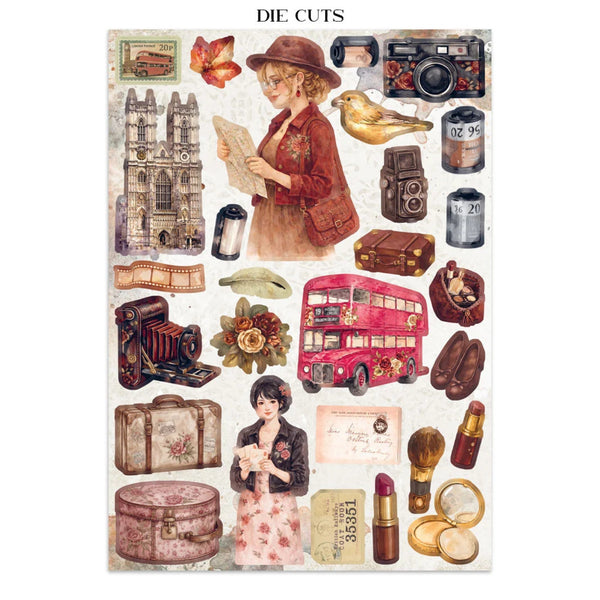 A sheet of vintage-style die-cut stickers featuring a collage of travel and fashion motifs, including a woman in a hat reading a map, a pink double-decker bus, cameras, lipstick, makeup, a cathedral, and luggage, all on an aged cream background.